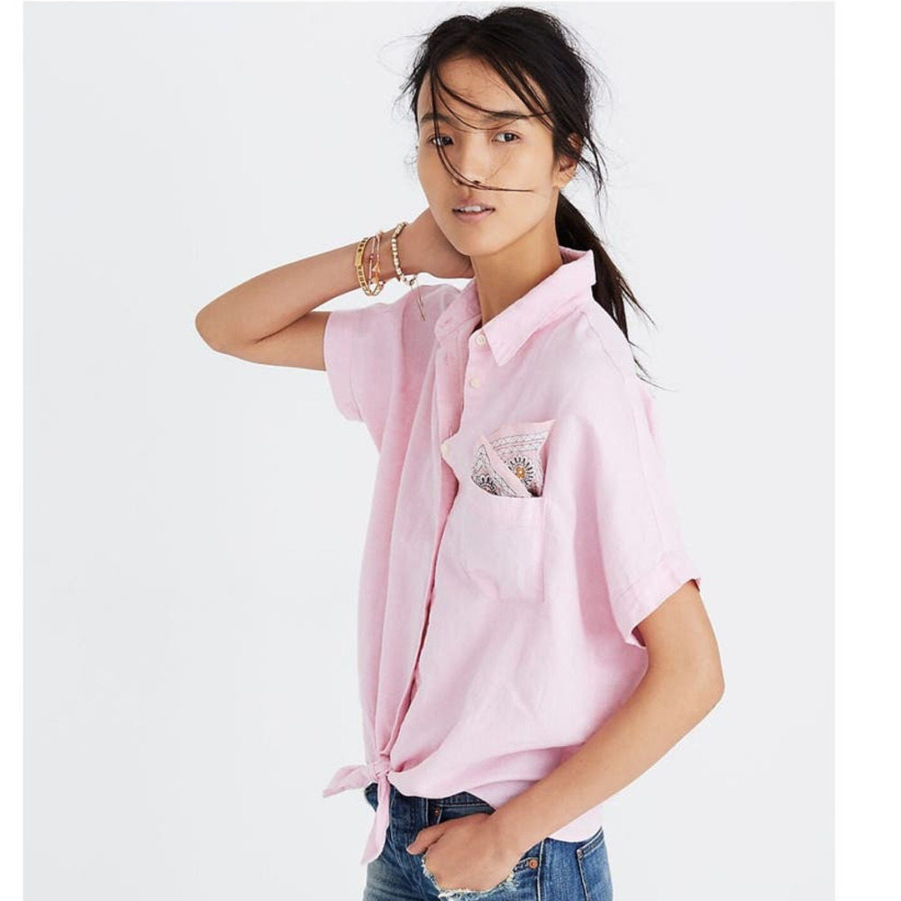 MADEWELL Sm. Short Sleeve Tie Front Top Paris Pink - Picture 4 of 7